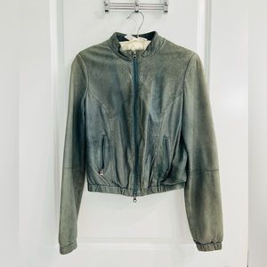 BCBG women’s bomber leather jacket, grayish blue color